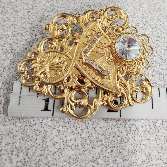 VTG Jane Gold Tone Rhinestone Filigree Brooch Signed 1999 AOL - Picture 4 of 5